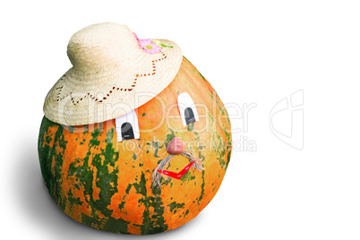 A big pumpkin on a white background , embellished hat.