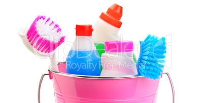 Set of household chemicals, bucket and brushes for cleaning isol
