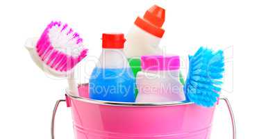 Set of household chemicals, bucket and brushes for cleaning isol