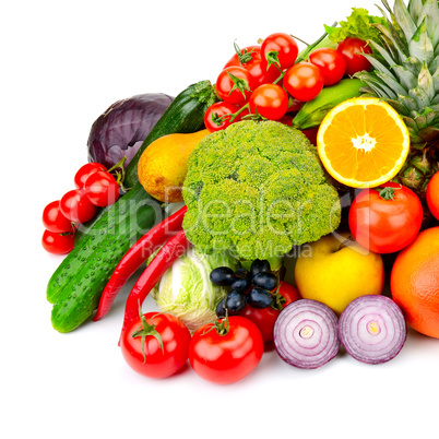 The composition of fresh fruits and vegetables. Isolated on whit