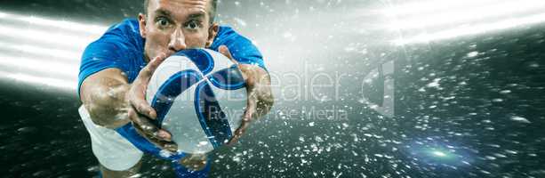 Composite image of portrait full length of american football player diving