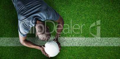 Composite image of rear view of athlete throwing rugby ball