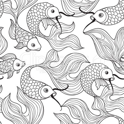 fish seamless pattern. Hand drawn doodle line decorative marine