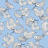 fish seamless pattern. Hand drawn doodle line decorative marine