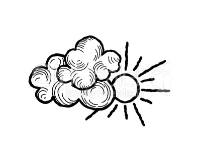 Sun with clouds icon. Doodle line art weather sign illustration