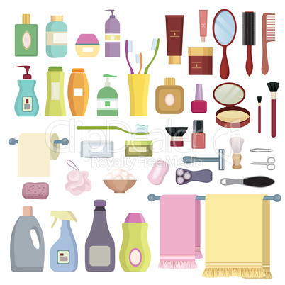 Beauty care related object set. Hygiene symbols. Bath supplies.