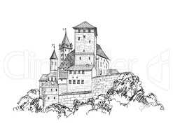 Ancient castle landscape engraving Tower building sketch skyline