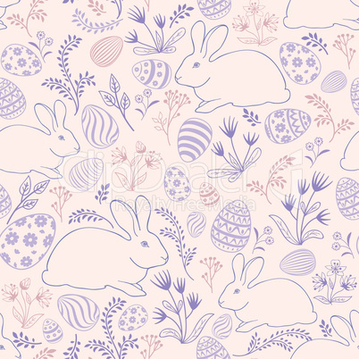 Floral holiday pattern. Easter bunny, eggs seamless background.