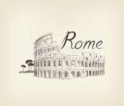 Rome city view. Landmark Coliseum sign. Travel Italy background