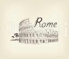 Rome city view. Landmark Coliseum sign. Travel Italy background