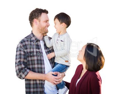 Young Mixed Race Caucasian and Chinese Family Isolated in a Whit