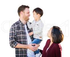 Young Mixed Race Caucasian and Chinese Family Isolated in a Whit
