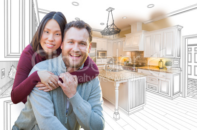 Mixed Race Caucasian and Chinese Couple In Front of Custom Kitch
