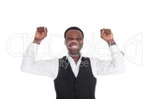 Happy African man with hands raised