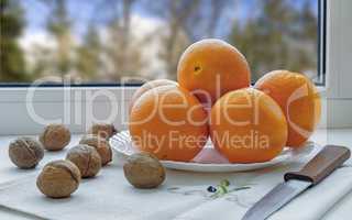 Oranges on a plate on the sill of the window.