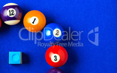 Billiard balls in a blue pool table.