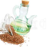 Flax seeds and oil isolated on white background.