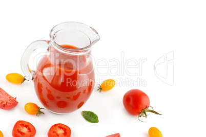 Fresh tomato juice and tomatoes isolated on white background. Fl