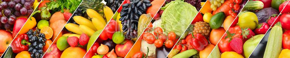 Panoramic collection fruits and vegetables background. Collage.
