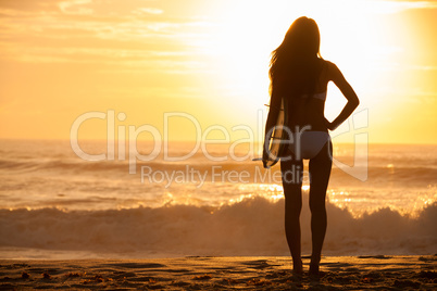 Woman Bikini Surfer & Surfboard Sunset Beach