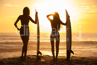 Woman Bikini Surfer Girls & Surfboards Sunset Beach