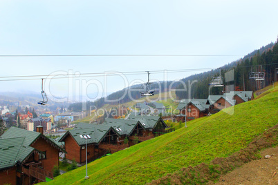 Bukovel resort with funicular and beautiful houses in the Carpathian mountains