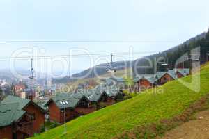 Bukovel resort with funicular and beautiful houses in the Carpathian mountains