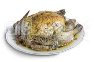 The chicken on a plate on a white background.