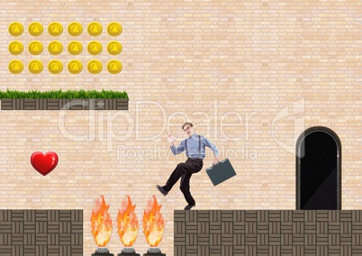 Businessman in Computer Game Level with coins heart and traps