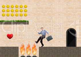 Businessman in Computer Game Level with coins heart and traps