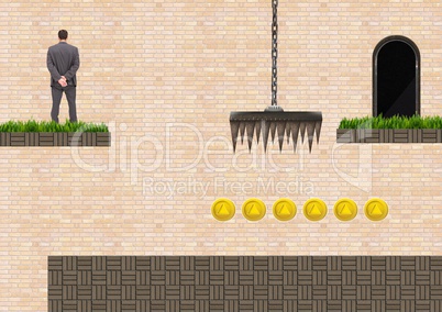 Businessman in Computer Game Level with traps and coins