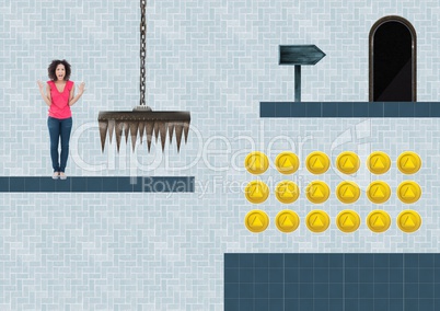 Woman in Computer Game Level with coins and trap