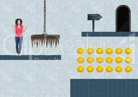 Woman in Computer Game Level with coins and trap