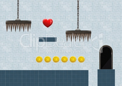 Computer Game Level with coins and heart and traps