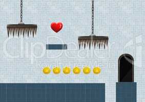 Computer Game Level with coins and heart and traps