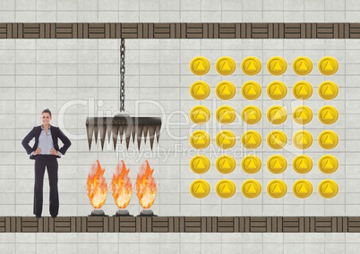 Businesswoman in Computer Game Level with coins and traps
