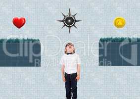Boy in Computer Game Level with collectibles and traps
