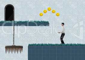 Businessman in Computer Game Level with coins and trap