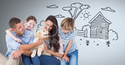 Family happy together with dog and garden drawing