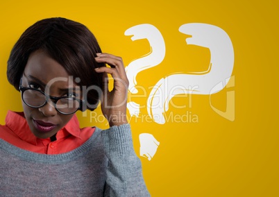 Confused woman wearing glasses scratching her head and question points