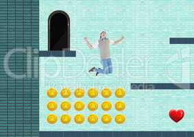man in Computer Game Level with coins and heart