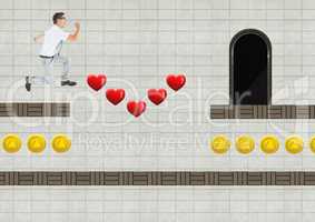 Man in Computer Game Level with hearts and coins