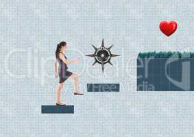 Businesswoman in Computer Game Level with heart and traps