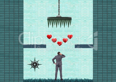 Businessman in Computer Game Level with hearts and traps