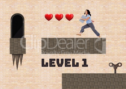 Level 1 text and woman in Computer Game Level with hearts key and traps