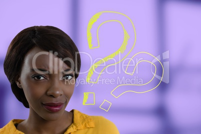 Confused woman frowning with question marks