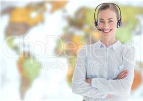 Travel agent woman wearing headset in front of world map