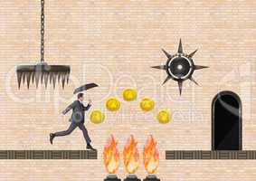 Businessman in Computer Game Level with coins and traps