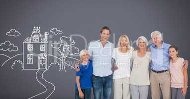 Family generations together with home drawing