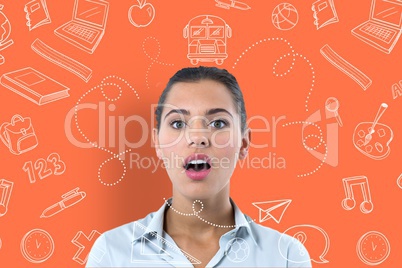 Surprised or confused woman on orange background surrounded by drawings